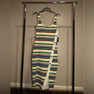 EXPRESS rainbow striped slit cut buttoned midi bodycon tank dress